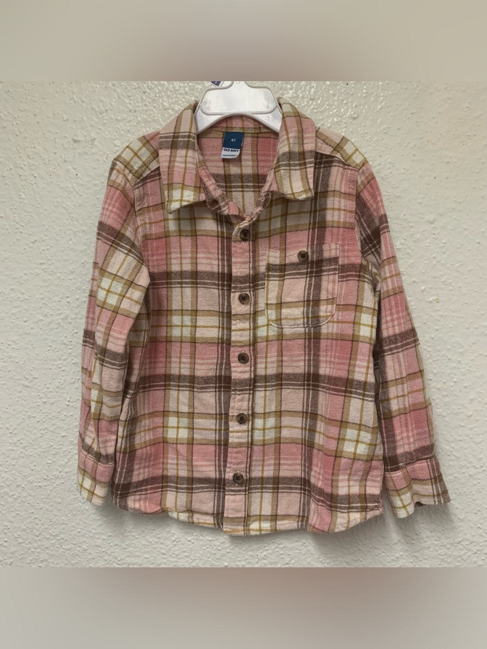 Old Navy Plaid Flannel Shirt Girls 4T Pink Brown Button Up Long Sleeve Cotton